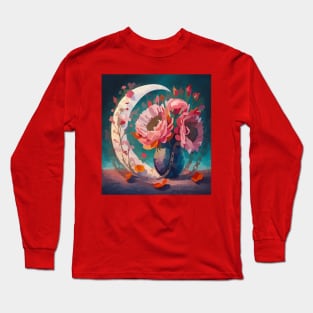 Watercolor flowers with crescent moon Long Sleeve T-Shirt